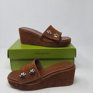 Tory Burch Turnlock Wedge Sandals Womens 6.5 Cognac Brown Suede NIB